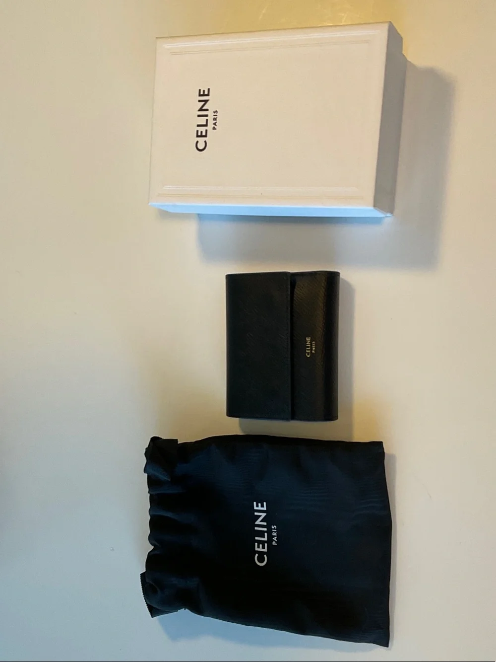 Celine Black Textured Leather Fold Wallet with Gold Logo